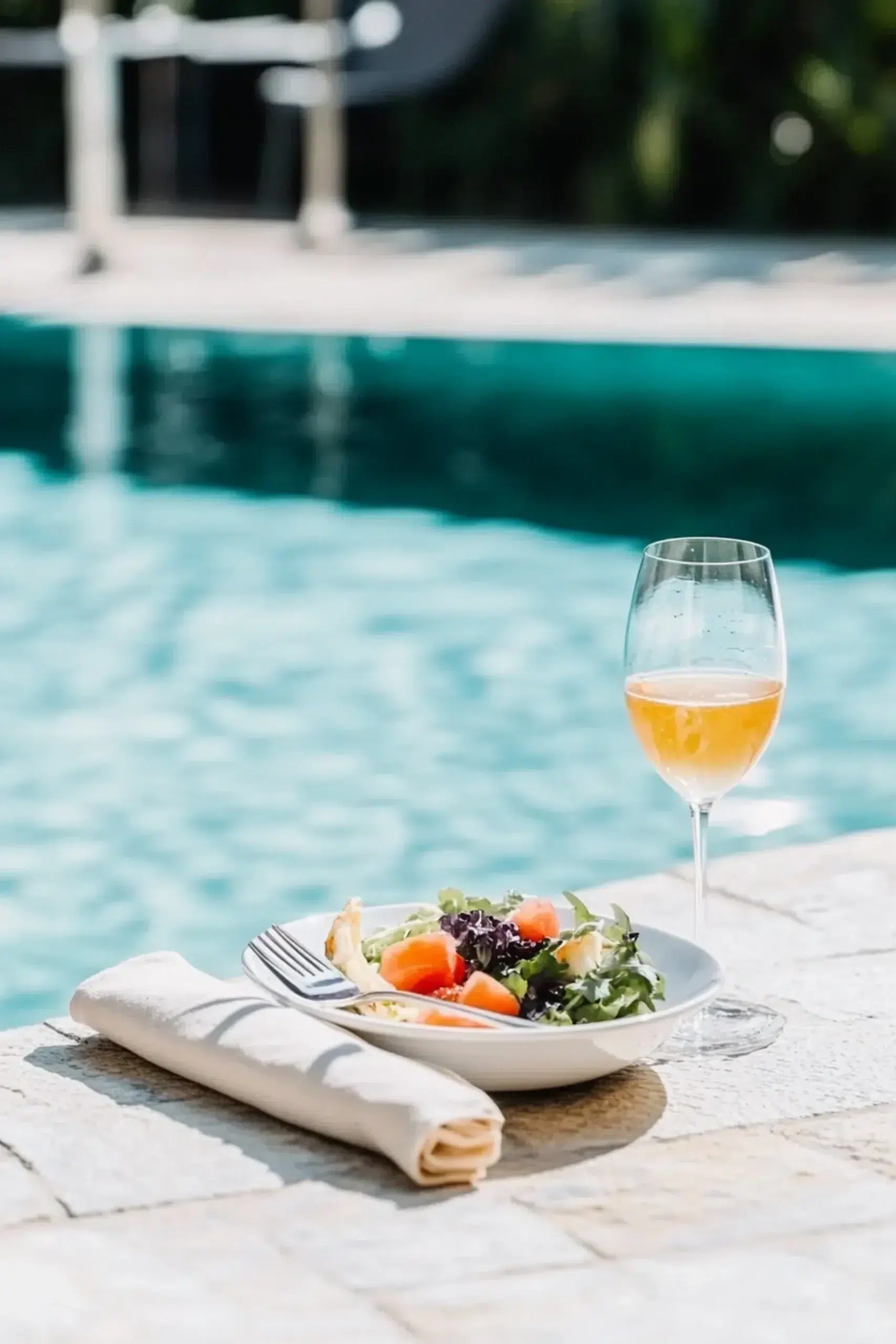 cocktails et salade sur la piscine